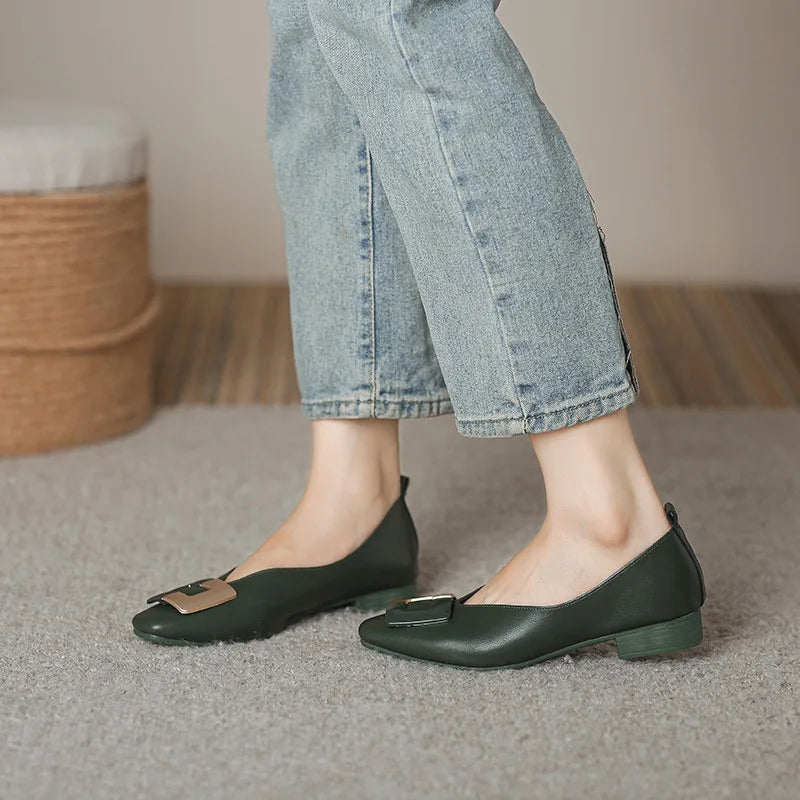 Woman Square Toe Low Heeled Metal Decoration Red Mary Janes Cute Casual Ballerina Female Flats Elegant Soft Soled Flat Shoes