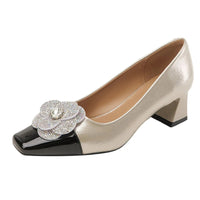 Rhinestone Camellia Flower Women's Shoes Square Toe Thick Heels 5cm Ladies Pumps Party Shoes