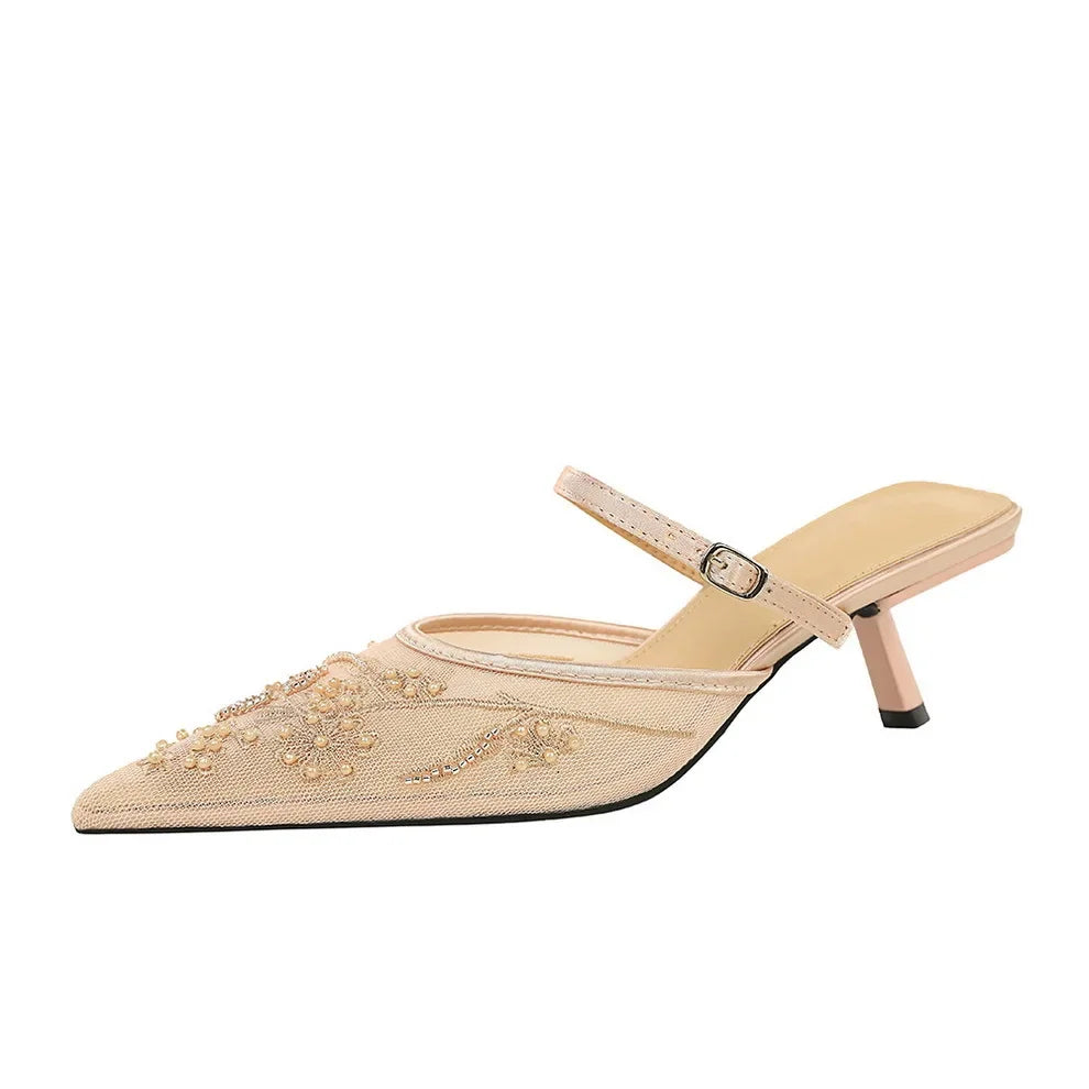 Sexy Embroidered Lace Mesh Slip-On Shoes with Fine Heel And Straps Hollow out Design for Women Fashionable Summer Slippers - Natalia Home Fashion
