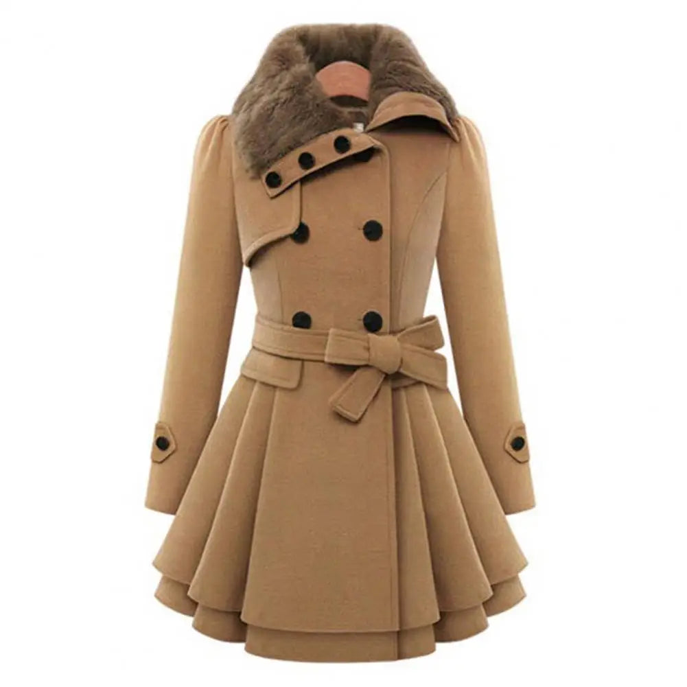 Women's Jacket Windbreaker Warm Plush Thick Clothes Double Breasted Belt Slim Lapel Coat - Natalia Home Fashion