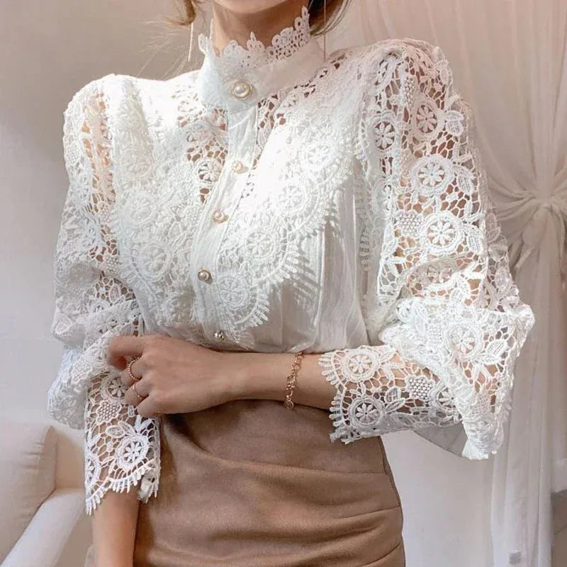 Shirt Women Blouse Office Lady Flower Blouse Spring Hollow Out Lace  Stand Collar Button Female Clothing