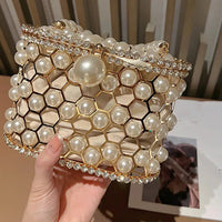 Luxury Pearl Beaded Metal Cage Hollow Out Women Handbag Rhinestones Diamond Evening Bag Wedding Party Clutch Purse Crossbody Bag