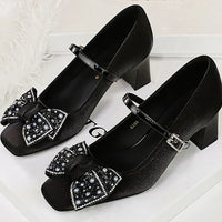 Rhinestone bow Women Pumps Coarse heel Women shoes middle heel Luxury banquet shoes satin square head Ladies shoes