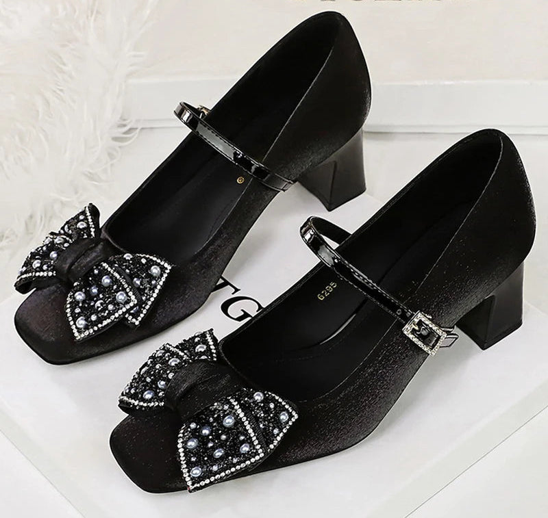 Rhinestone bow Women Pumps Coarse heel Women shoes middle heel Luxury banquet shoes satin square head Ladies shoes