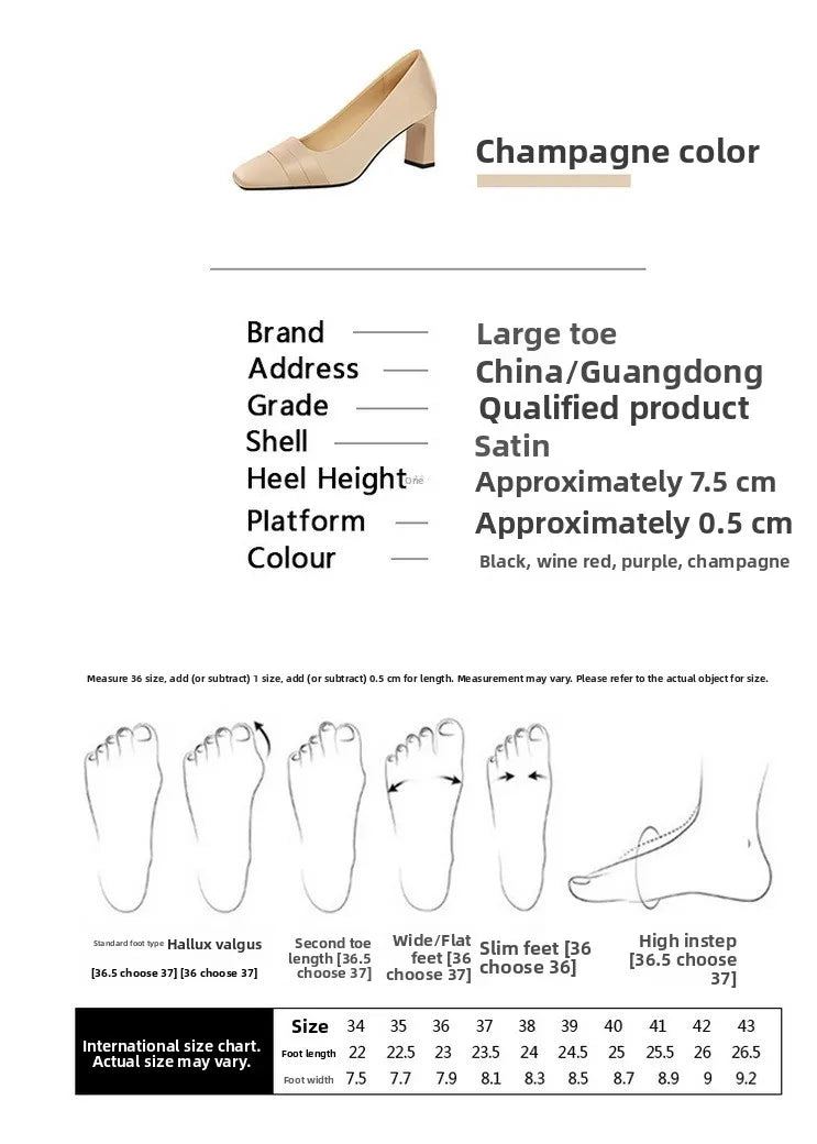 Elegant Satin High Heels Square Toe Slip-On Chunky Heel Comfortable Women's Shoes for Party Fashion Footwear Summer Autumn