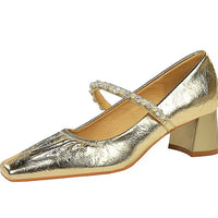 Heels Women Fashion CRYSTAL Pearl Pumps Square Toe Stripper Elegant Party Square Heel Ladies Shoes