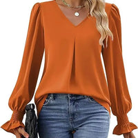 Fashion Simple Solid Color Pullover Shirt Women Loose V-neck Flared Sleeve Shirts Top Female Elegant Commuting Clothing