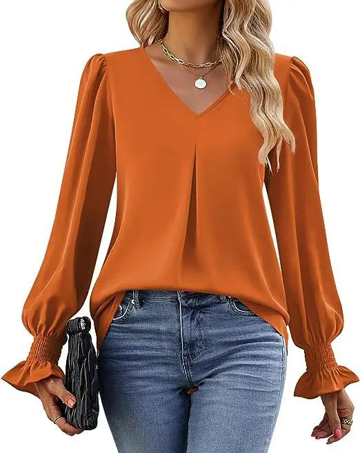 Fashion Simple Solid Color Pullover Shirt Women Loose V-neck Flared Sleeve Shirts Top Female Elegant Commuting Clothing