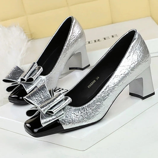 Fashion Coarse Heeled Women's shoes Bowknot Women Pumps Elegant Banquet Shoes Square Head Mid Heel Ladies Shoes