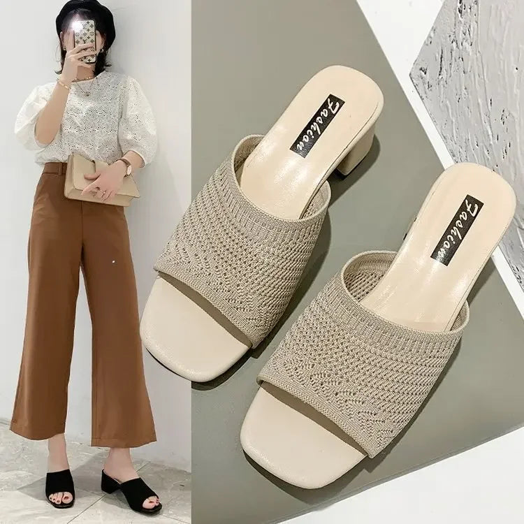 Women Slippers Open Toe Comfort Slippers Women Fashion Fly Weave Outdoor Sandals Women Medium Heel Slippers - Natalia Home Fashion