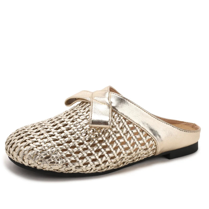Versatile woven closed-toe sandals with bow and hollow-out design, new summer breathable soft-soled women's sandals