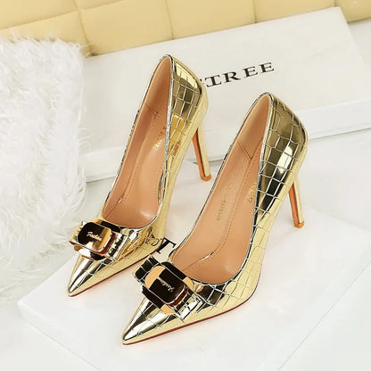 Stone Patterned Flowers Women Pumps Fashion High Heels Bow of Metal Women Shoes Stilettos Sexy Party Shoes