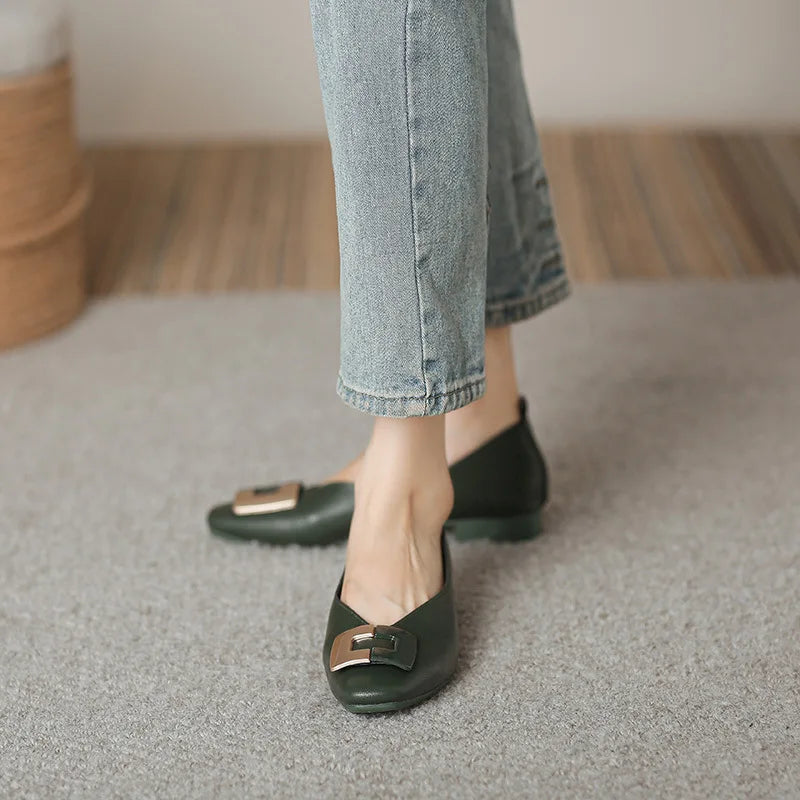 Woman Square Toe Low Heeled Metal Decoration Red Mary Janes Cute Casual Ballerina Female Flats Elegant Soft Soled Flat Shoes
