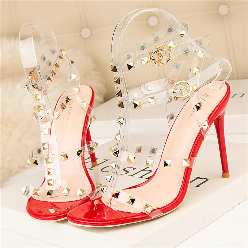 Summer Women 10cm Super High Heels Sandals Rivets Studded Stripper Valentine Strap Heels  Wedding Luxury Shoes