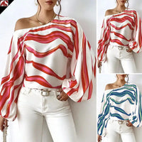 Elegant Printed Sleeve Shirt Independent Station Cross-Border Women's Long Sleeve One-Shoulder Loose Top Commute Style