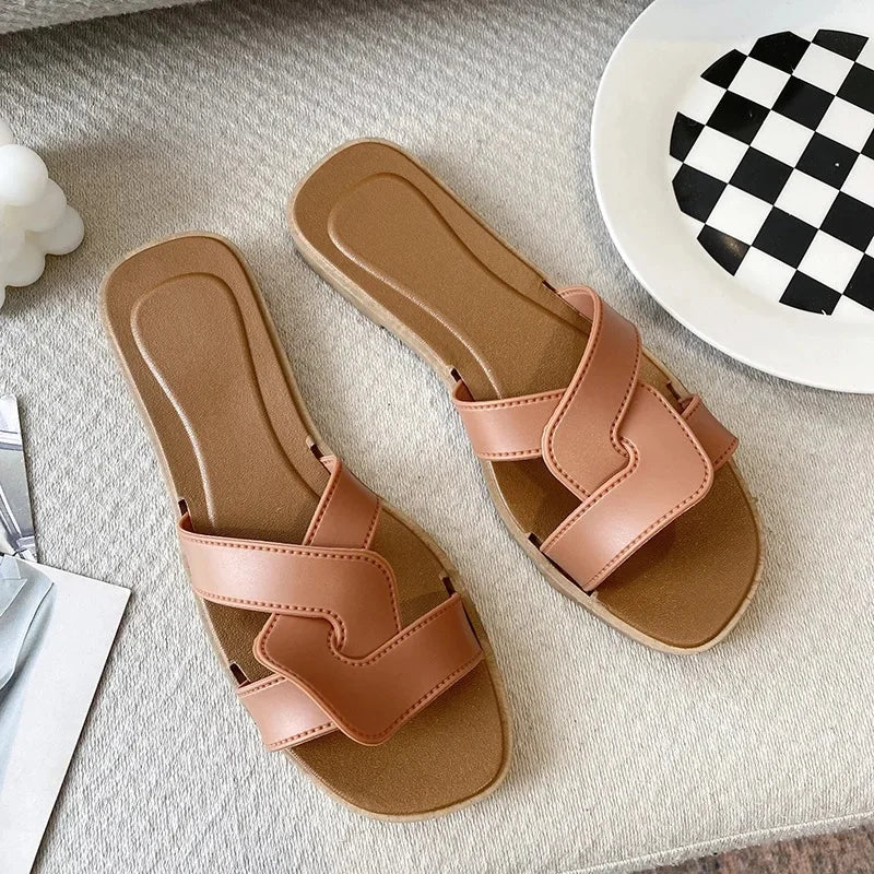 Women's Flat Beach Slippers Cross Band Fashionable Outdoor Wear PVC Home Slippers Macaron Color Sandals Comfortable - Natalia Home Fashion