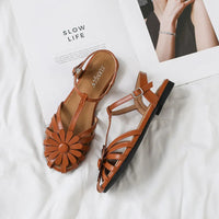 Elegant Fashion Roman Round Head Flat Sandals Women Woven Hollow Sandals Female Closed Toe Summer Ladies Shoes