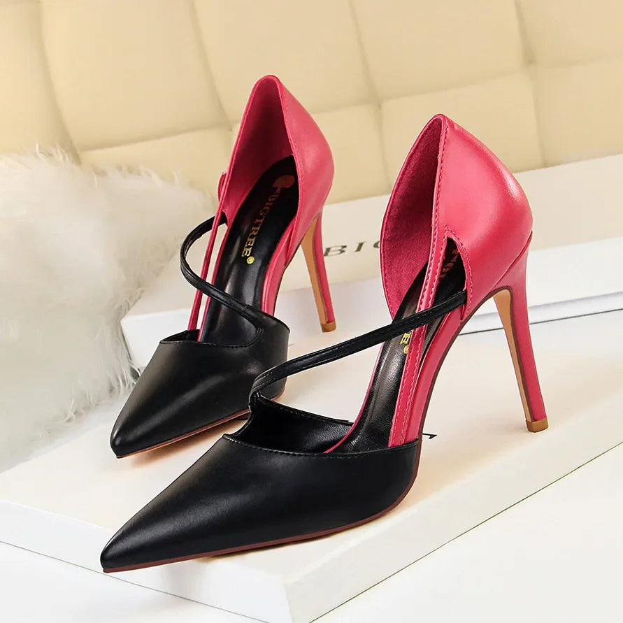 Women 9.5cm High Heels Sandals Nightclub Stripper Heels Sexy Patchwork Party Ankle Strap 2 tone Shoes