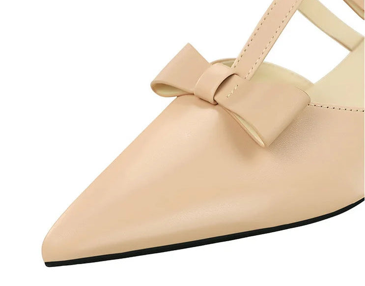 French Wedge Heel Pointed Head Sandals Versatile Bow Medium Heel Half Slippers Women