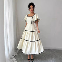 Women's Vintage Square Neck Flutter Sleeve Dress Summer Black Scallop Trim Tiered Ruffle Long Casual Vacation A-line Vestidos Natalia Home Fashion    Natalia Home Fashion