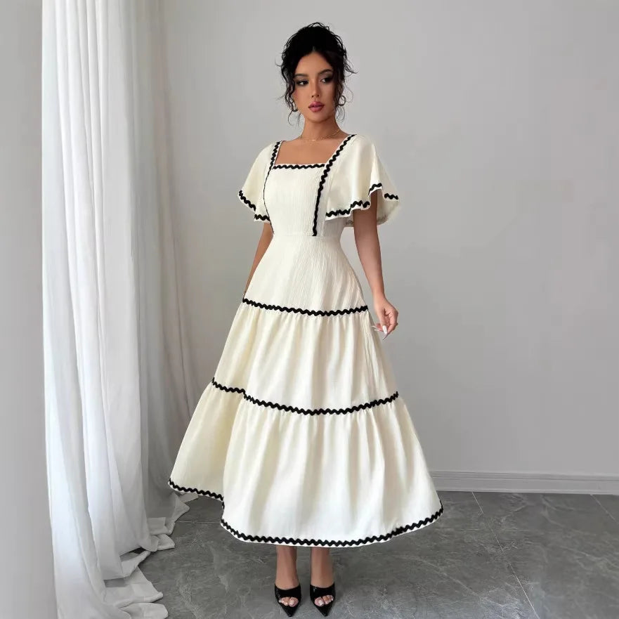 Women's Vintage Square Neck Flutter Sleeve Dress Summer Black Scallop Trim Tiered Ruffle Long Casual Vacation A-line Vestidos Natalia Home Fashion    Natalia Home Fashion
