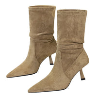 Women Pleated Elastic boots Woman Stiletto 6.5 CM High heel boots Suede Ankle boots Fashion Pointed short boots