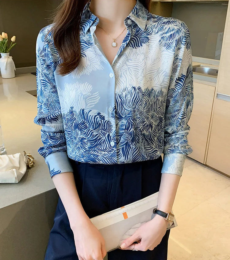 French Printed Lapel Shirt Long Sleeve Loose Mulberry Silk Top Temperament Commuting Shirt Women's Summer Style