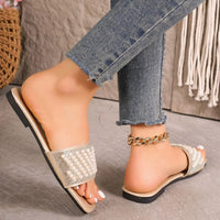 Small Fragrant style flat bottomed plus size slippers for women square headed rhinestone pearl fashionable casual slippers