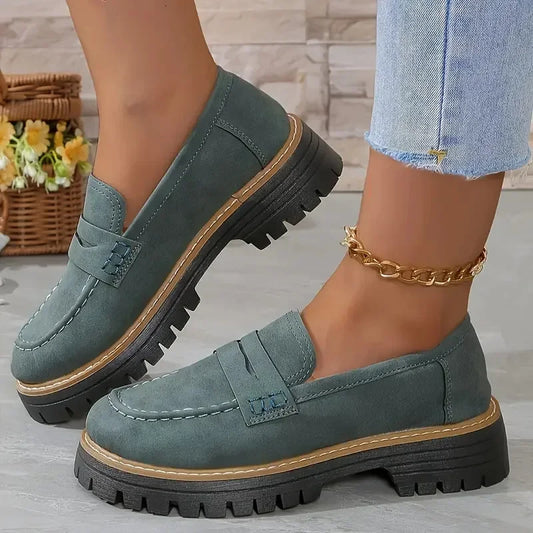 Loafers casual sandblasted British style women's shoes with thick heels and retro single shoes