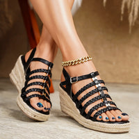 Bohemian Summer Vintage Thick Heel Woven Open Toe Roman Sandals Women's Shoes Ultra-Fibrous Quilted Roman Stilettos