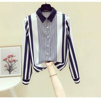 Office Lady Turn-down Collar Straight Loose Button Dress Shirts Blue Striped Long Sleeve Blouses Spring Thin Women's Clothing