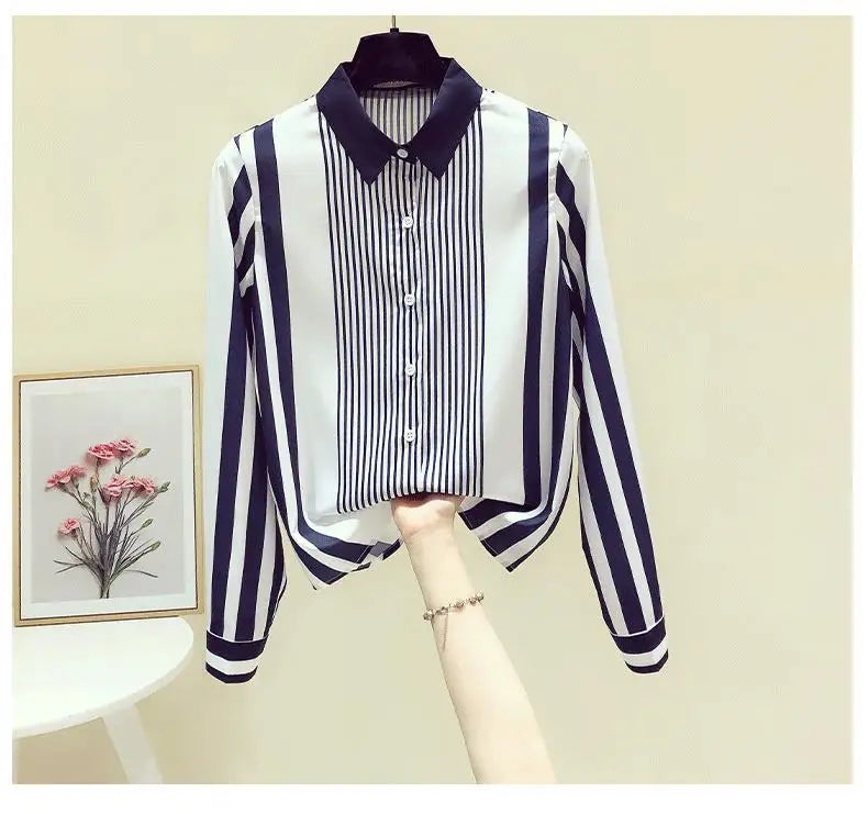 Office Lady Turn-down Collar Straight Loose Button Dress Shirts Blue Striped Long Sleeve Blouses Spring Thin Women's Clothing