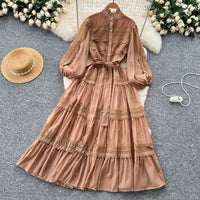 Elegant Hollow Out Organza Long Maxi Dresses Shirt Women  Layer Ruffle Full Sleeve Pearl Evening Party Dress