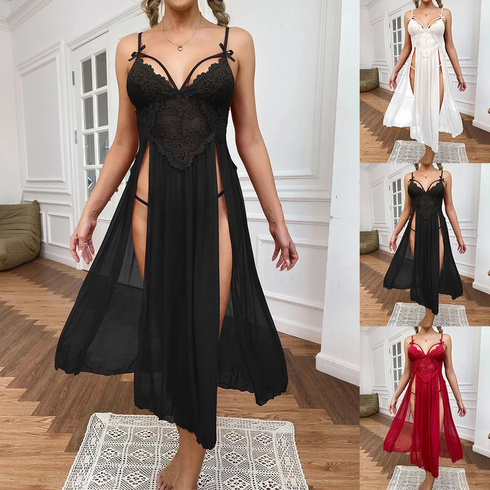 Sexy Lace Solid Women Sleepwear Underwear Mesh Lingerie Deep V Side Slit Sleeveless Female Fashion Robe Dress Nightwear