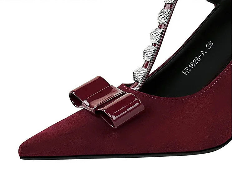 Banquet Bow Rivet T-button Pointed Head High Heel Women's Single Shoes