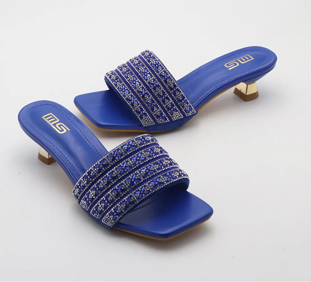 Low Heel Slippers Elegant Lady Square Toe Sandals Luxury Rhinestone High Heels Mules  Slip-on Women Shoes - Natalia Home Fashion