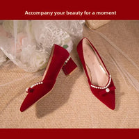 Women's Chunky Heel Pointed Toe Slip-On Shoes Wedding Dress Two-Way Wear Pearl Red Bridal Shoes Spring Autumn New Style