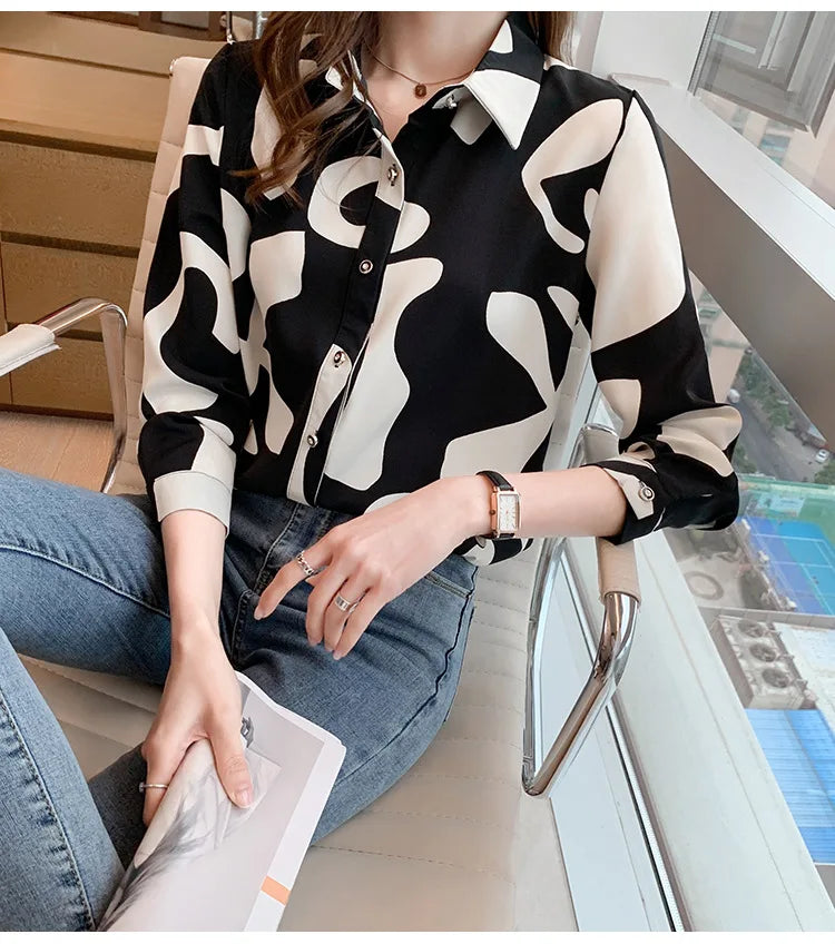 Elegant Long Sleeve Floral Print Chiffon Shirt Women's Versatile High-End Fashion Top Spring City Style Commute Shirt
