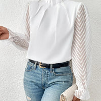 Elegant Blouse White Women's Shirt 2024 New Half High Neck Spliced Wave Pattern Chiffon Long sleeved Top Office Lady Natalia Home Fashion   white-1-M Natalia Home Fashion