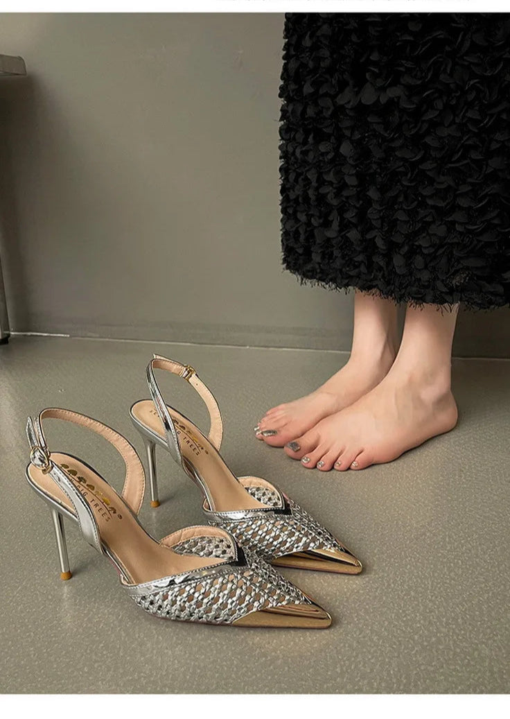 Elegant Hollow Out Woven Stiletto Sandals Women Pointed Toe Metal Straps High Heels