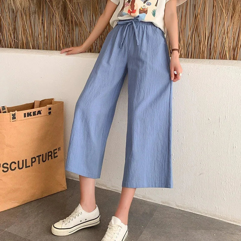 Casual Baggy Wide Leg Trousers Women Summer Thin Comfy Breathable Ankle Length Pants Vintage Loose Cotton Linen Straight Pants