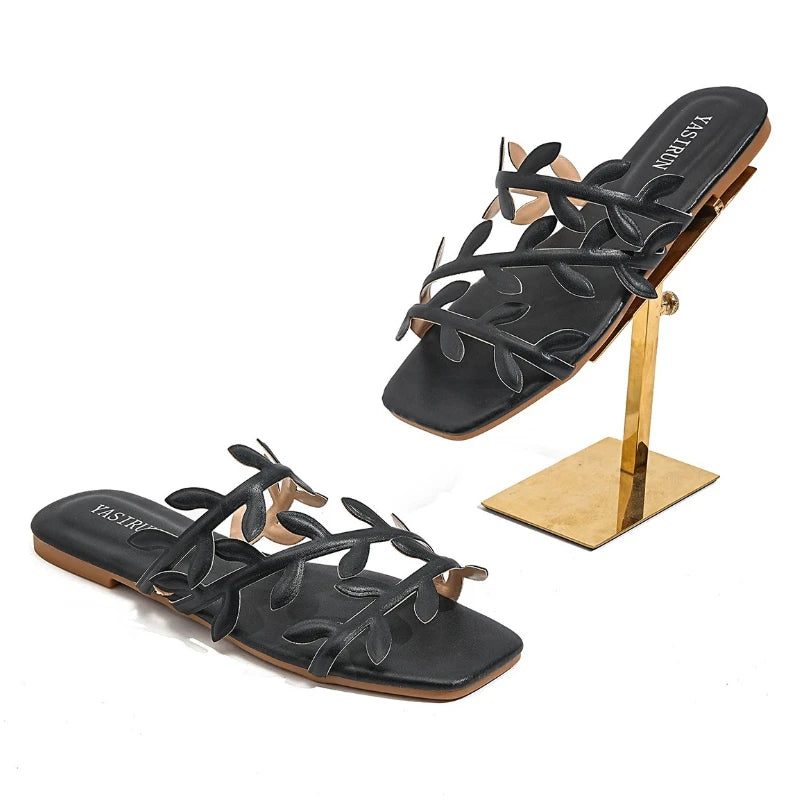 Leaf Pattern Women's Sandals Outdoor Wear New Style Beach Flat Bottom Slip-On Holiday Comfortable Breathable Flats
