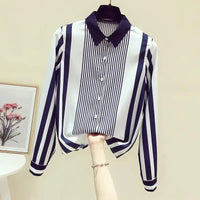 Office Lady Turn-down Collar Straight Loose Button Dress Shirts Blue Striped Long Sleeve Blouses Spring Thin Women's Clothing