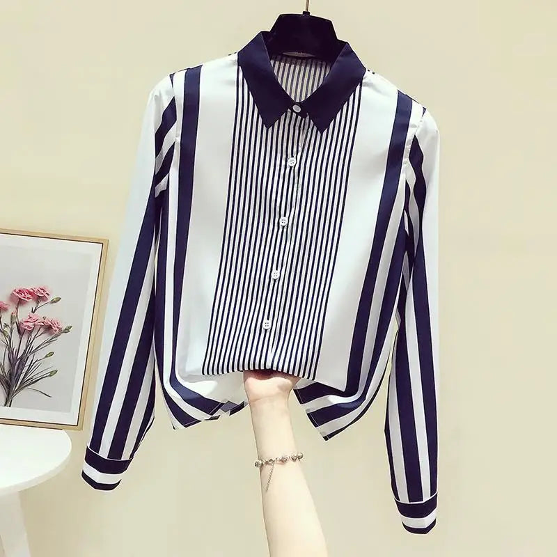 Office Lady Turn-down Collar Straight Loose Button Dress Shirts Blue Striped Long Sleeve Blouses Spring Thin Women's Clothing