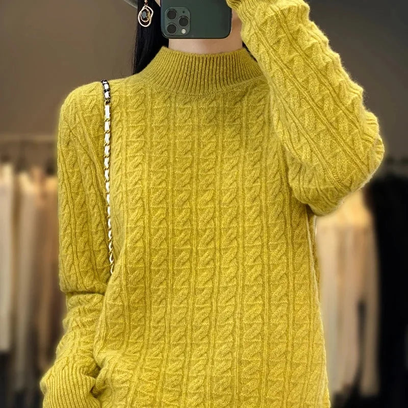 Thickened Pure Wool Knitted Sweater Women's Pullover Half High Collar Cashmere Base Layer Style