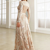 Round Neck Long Sleeved Sequin A Line Evening Dress Banquet Prom Maxi Wedding Bride Dress