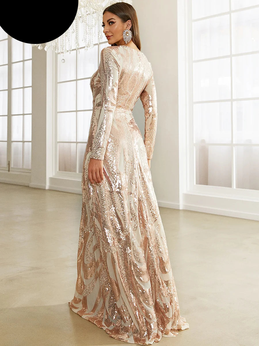 Round Neck Long Sleeved Sequin A Line Evening Dress Banquet Prom Maxi Wedding Bride Dress
