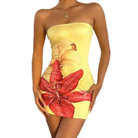 Summer Sexy Waist-Cinching Floral Dress Beach Sand Beach Crossbody Strapless Short Skirt Polyester Fabric Street Style