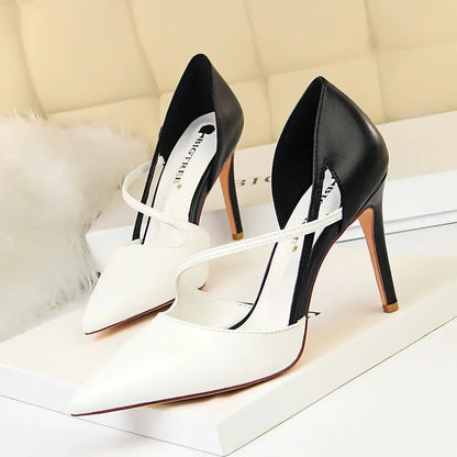 Women 9.5cm High Heels Sandals Nightclub Stripper Heels Sexy Patchwork Party Ankle Strap 2 tone Shoes