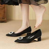 Soft Leather Black Pointed Toe Work Shoes Spring Autumn New Style Comfortable Thick Heel Professional Soft Bottom Shoes